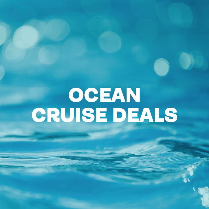 Ocean Cruise Deals overlaid on a image of a blue ocean with light reflection